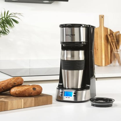 Salter EK2732 Personal Coffee Machine - One Cup Filter Coffee Maker, Includes 420ml Stainless Steel Travel Mug, Removable & Washable Filter, Quick Brew In 3-4 Mins, Compatible With Ground Coffee, 750W
