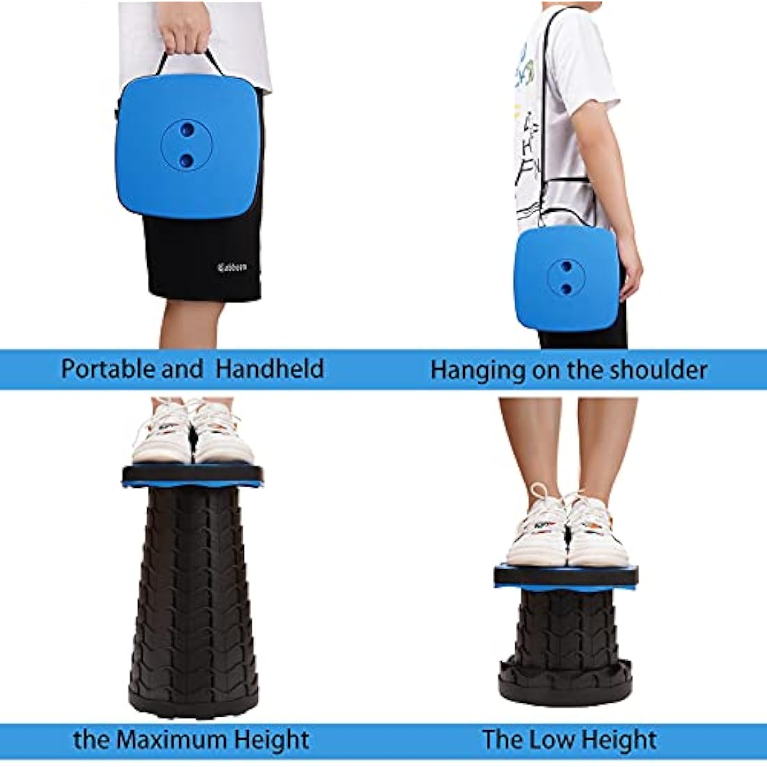 FIEMACH Upgraded Portable Telescopic Stool with Larger Seat - Retractable Square Camping Folding Stool for Adults, Telescoping Collapsible Lightweight Compact Stool (Blue)
