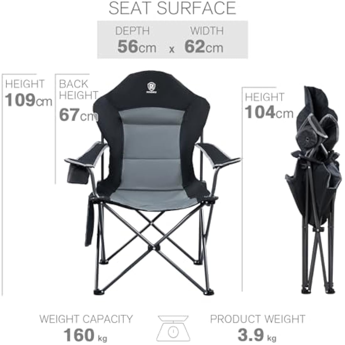 EVER ADVANCED Camping Chairs for Adults Heavy Duty Folding Chair Up to 160kg Oversized with High Back & Cup Holder & Side Pocket Comfy Camp Fold Up Chair