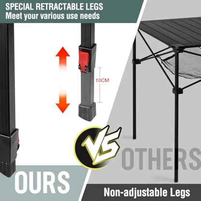 VILLEY Camping Table Folding, Small Lightweight Roll Up Aluminum Camp Table with Carry Bag, Adjustable Height Portable Outdoor Table for Picnic, Beach, Hiking, Fishing