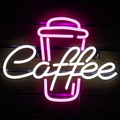 Ineonlife Coffee Neon Light Sign Pink Neon Signs Neon Lights White Open Sign White Letter Light Up Coffee Cup Neon Light Signs for Wall Cafe Bar Restaurant Decor