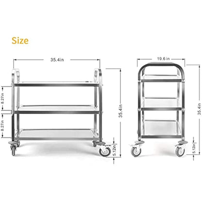 uyoyous Large 3 Tier Stainless Steel Utility Cart 950x950x500MM Kitchen Rolling Carts Serving Trolley Service Catering Storage Cart with Locking Wheels for Kitchen Hotels Restautant Use
