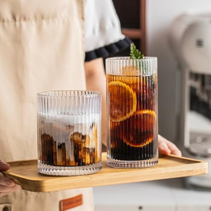 INSETLAN 8 Piece Ribbed Glassware - 4 Highball Glasses 12 oz, 4 Rocks Glass Cups 14 oz, Vintage Cocktail Drinking Glasses, Ideal for Wine, Juice, Water, Ice Coffee Cup, Whiskey, Mixed Drinkware