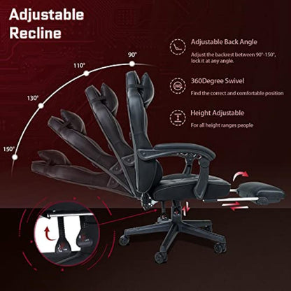 Fullwatt Racing Gaming Chair for adults with Footrest and Massage Lumbar Pillow, Swivel Height Adjustable Reclining PU Leather Video Game Chair, E-Sports Gaming Chair Big and Tall(Black)
