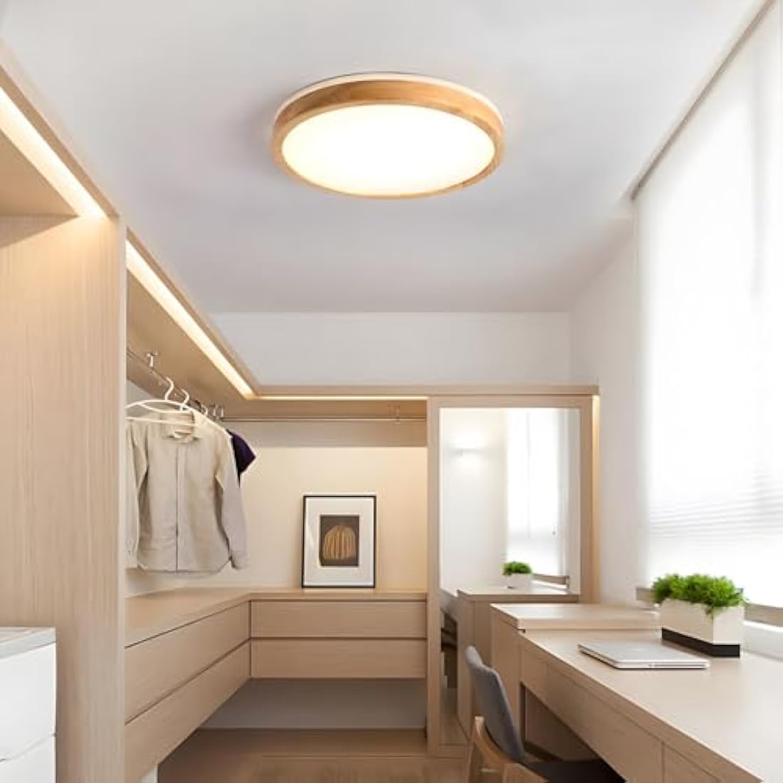 WayLuoung Wood LED Ceiling Light | Ø40cm 3000-6000K 30W | Round Top 360° Glow Natural Wooden Lamp, Bedroom Living Room Children's Room Kitchen Dining Room Home Office (Dimmable with Remote Control)