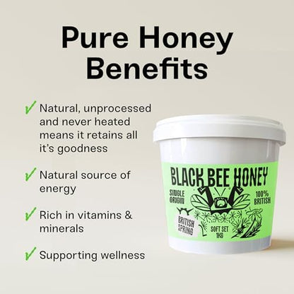 Black Bee Honey - Pure Spring British Soft Set Honey, Creamy with a Light Sweetness, Unprocessed, Single Source from Hive to Jar, Never Blended - Delicious on Toast, Soothing in Drinks, 1Kg Tub