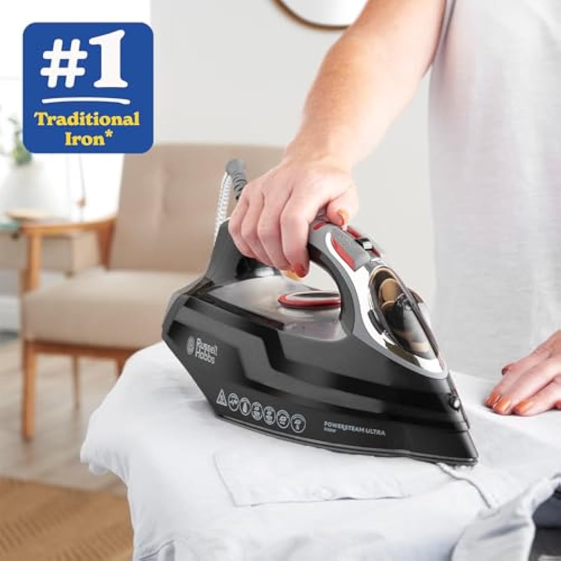 Russell Hobbs Steam Iron [3100W, 210 g/min extra steam boost, 70 g/min steam] Power Steam (350ml, ceramic soleplate, self-cleaning & spray water function, anti-limescale, drip stop) 20630
