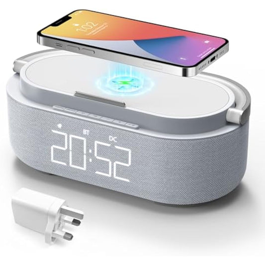 COLSUR Bluetooth Speaker with Radio, 15W Fast Wireless Charger, FM Radio, Bedside Night Light for Heavy Sleepers, Snooze, Dimmable LED Display, 2500mAh Battery USB Charging Port