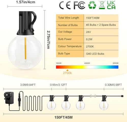 Outdoor String Lights Mains Powered - G40 Garden Festoon Lights 150FT/45M Dimmable with Remote Control, 45+2 Shatterproof LED Bulbs 3 Modes & 2 Timer Settings Waterproof for Outdoor Patio Gazebo