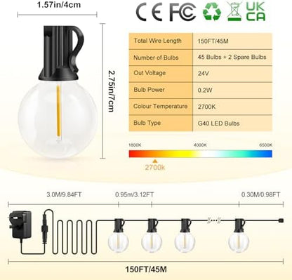 Outdoor String Lights Mains Powered - G40 Garden Festoon Lights 150FT/45M Dimmable with Remote Control, 45+2 Shatterproof LED Bulbs 3 Modes & 2 Timer Settings Waterproof for Outdoor Patio Gazebo