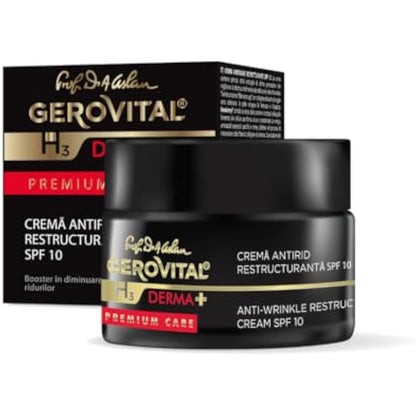 Gerovital H3 Derma+ Premium Care Anti-Wrinkle Face Cream SPF 10 – Restructuring & Firming, Reduces Wrinkles, Restores Elasticity, Anti-Aging Skincare, 50ml