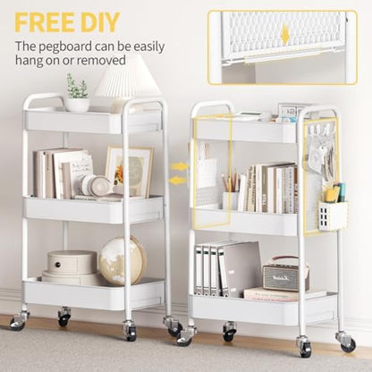Urackify Storage Trolley on Wheels for Variety Applications, 3 Tier Trolley with Extra DIY Pegboards,Handing Bins, and Hooks for Living Room, Kitchen, Bathroom, Office, Classroom, White