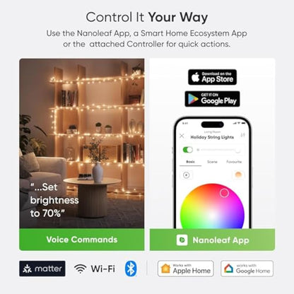Nanoleaf Matter Essentials 20M RGB LED Smart String Holiday Lights - Thread & Wi-Fi, Matter Over Thread, Bluetooth Colour Changing LED String Light, Works with Google Apple, Room Decor & Gaming