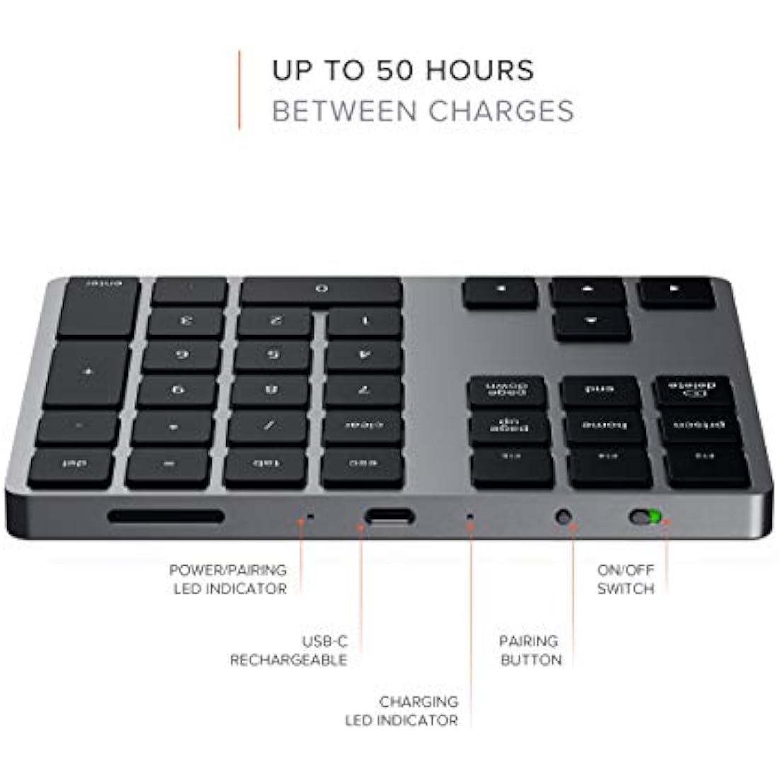 Satechi Bluetooth Extended Numeric Keypad – Slim Rechargeable 34-Key Numberpad – for M4/M2/M1 MacBook Pro/Air, M4/M2/M1 iPad Pro/Air, M2 Mac Mini, iMac M1/M4 (Space Grey) (US-QWERTY LAYOUT)
