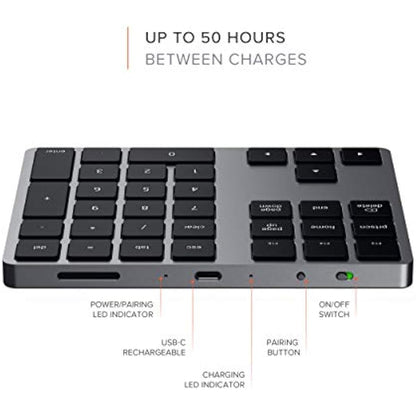 Satechi Bluetooth Extended Numeric Keypad – Slim Rechargeable 34-Key Numberpad – for M4/M2/M1 MacBook Pro/Air, M4/M2/M1 iPad Pro/Air, M2 Mac Mini, iMac M1/M4 (Space Grey) (US-QWERTY LAYOUT)
