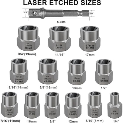 13+1 Piece Impact Bolt & Nut Remover Set - 3/8" Drive with Nut Extractor Socket, Hex Adapter, and Bolt Remover Tool for Damaged, Rusted, or Rounded-Off Bolts, Nuts, and Screws