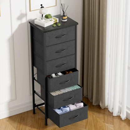 COWISH Tall Dresser with 6 Drawers, Vertical Bedside End Table and Chest of Drawers for Bedroom, Black Furniture with Fabric Drawer Nightstand Organizer Unit in Living Room, Closet, Entryway, Hallyway