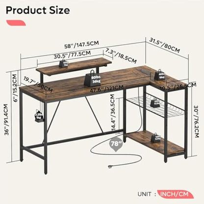 Bestier 147CM L-Shaped Desk with Power Outlets & LED Lights, Reversible Corner Computer Desk with Shelves & Hooks for Home Office or Bedroom Study