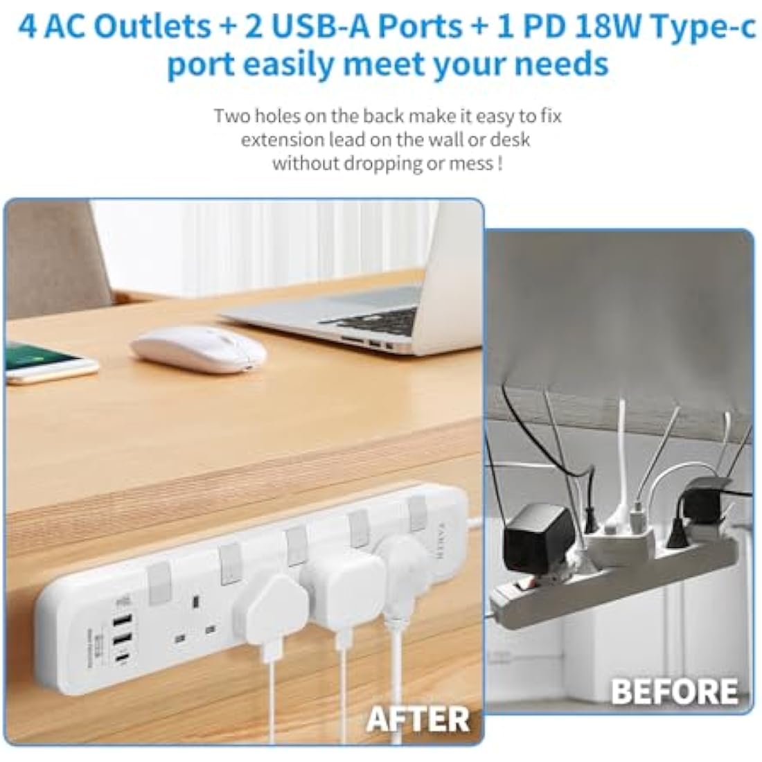 Extension Lead with USB Slots, 3m Long Heavy Duty Cable Extension Cord, Surge Protected Extension Plug with PD18W QC 3.0 USB Ports, 3 Metre 4 Way UK 13a Plug Extension Sockets Power Strip with Switch