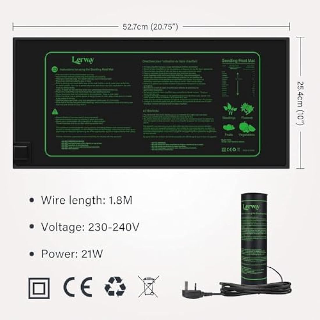 LERWAY Seedling Heating Mat Plant Warming Mat Waterproof Greenhouse Heating Pad 21W for Propagation Germination Tray Hydroponic Terrarium Reptile Amphibian Heat Mat 25.4cm*50.8cm (25.4 * 50.8cm x 2)