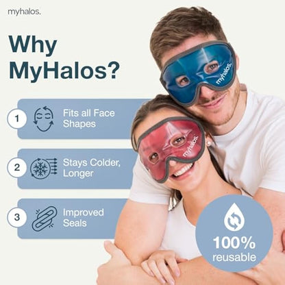 MyHalos Gel Eye Mask - Reusable Cooling Eye Mask with Adjustable Straps - Cold Mask for Puffy Eyes, Dark Circles and Hangovers - Eyes Ice Pack Compress for Sinus, Headaches & Puffiness, Blue (1-Pack)