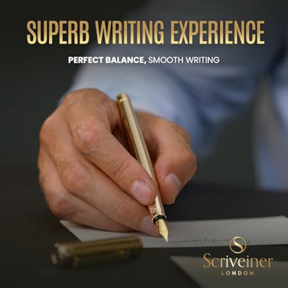 Scriveiner Luxury Fountain Pen - Stunning Gold Pen, Real Gold Plating, Schmidt Gilded Nib (Fine), Converter, Best Pen Gift Set for Men & Women, Professional, Executive, Office, Nice Pens