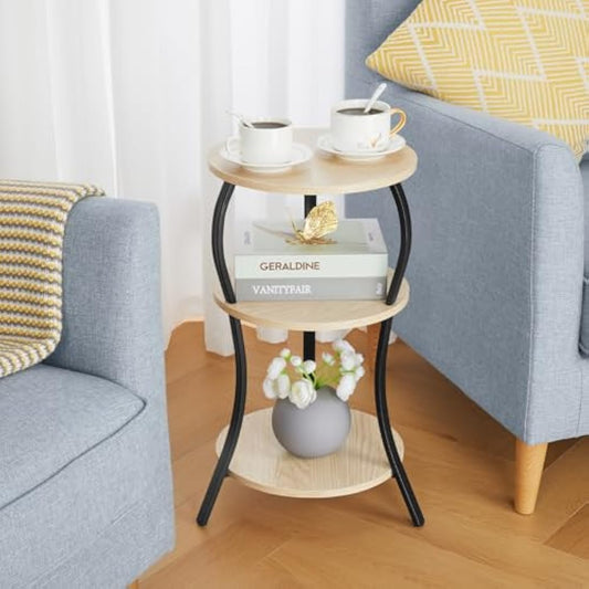 YEAKOO Vintage Round Side Table,3-Tier Slim Waist End Table with Storage Shelves,Round Sofa Side Table Small Corner Coffee Table Bedside for Living Room Bedroom Small Spaces