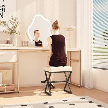 YMYNY Vanity Stool, Linen Footrest Stool, Square Ottoman Bench with X-Shaped Metal Legs, Makeup Dressing Stool for Vanity, Living Room, Bedroom, Entryway, Hallways 40×30×46CM Beige HBD033Y