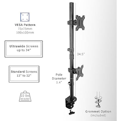 Vivo Dual LCD Monitor Desk Mount Stand Heavy Duty Stacked, Holds Vertical 2 Screens up to 32" (STAND-V002T)