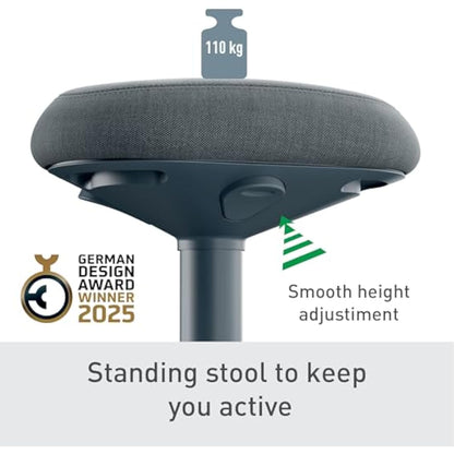 Leitz Ergo Active Standing Stool with Unique Dual Density Foam Comfort Cushion, Height Adjustable 57 to 82cm, 100% Post Consumer Recycled Seat Cover, Supports 110kg, Ergo Range, Dark Grey, 65450089