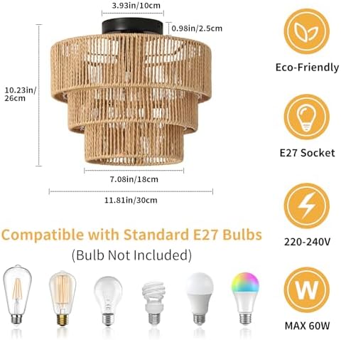 FORCOSO Rattan Ceiling Light 3-Layer, Boho Lamp Light Shade Rattan Lampshade, E27 Vintage Chandelier Light Fitting, Rustic Ceiling Lamp Fixtures for Living Room Bedroom Dining Table Kitchen Hallway