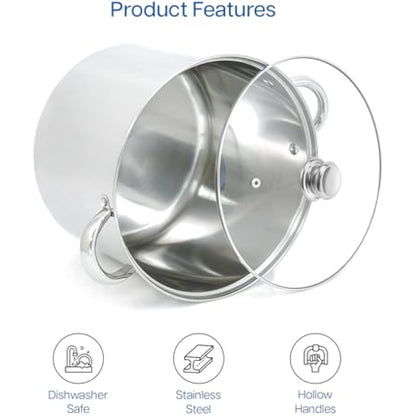 Cooking Pot Induction Stock Pot 9 litres Stainless Steel Deep Pots, Can Be Used as Stew, Soup Pot and Pasta Pot with Tempered Glass Lid