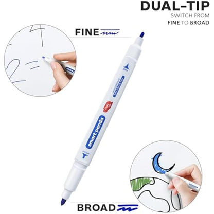 Smart Panda 24 Whiteboard Pens Dual Tip, Thin Erasable Markers, Medium and Fine – Dry Erase Colour Markers for Kids - 24 Set