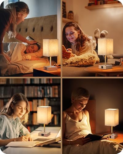 EDISHINE Bedside Lamps Set of 2, 3 Way Dimmable Table Lamps with USB A+C Charging Ports, LED Bulb Included, Touch Lamps for Bedroom, Living Room, GrayLinen Lampshade, 2700K