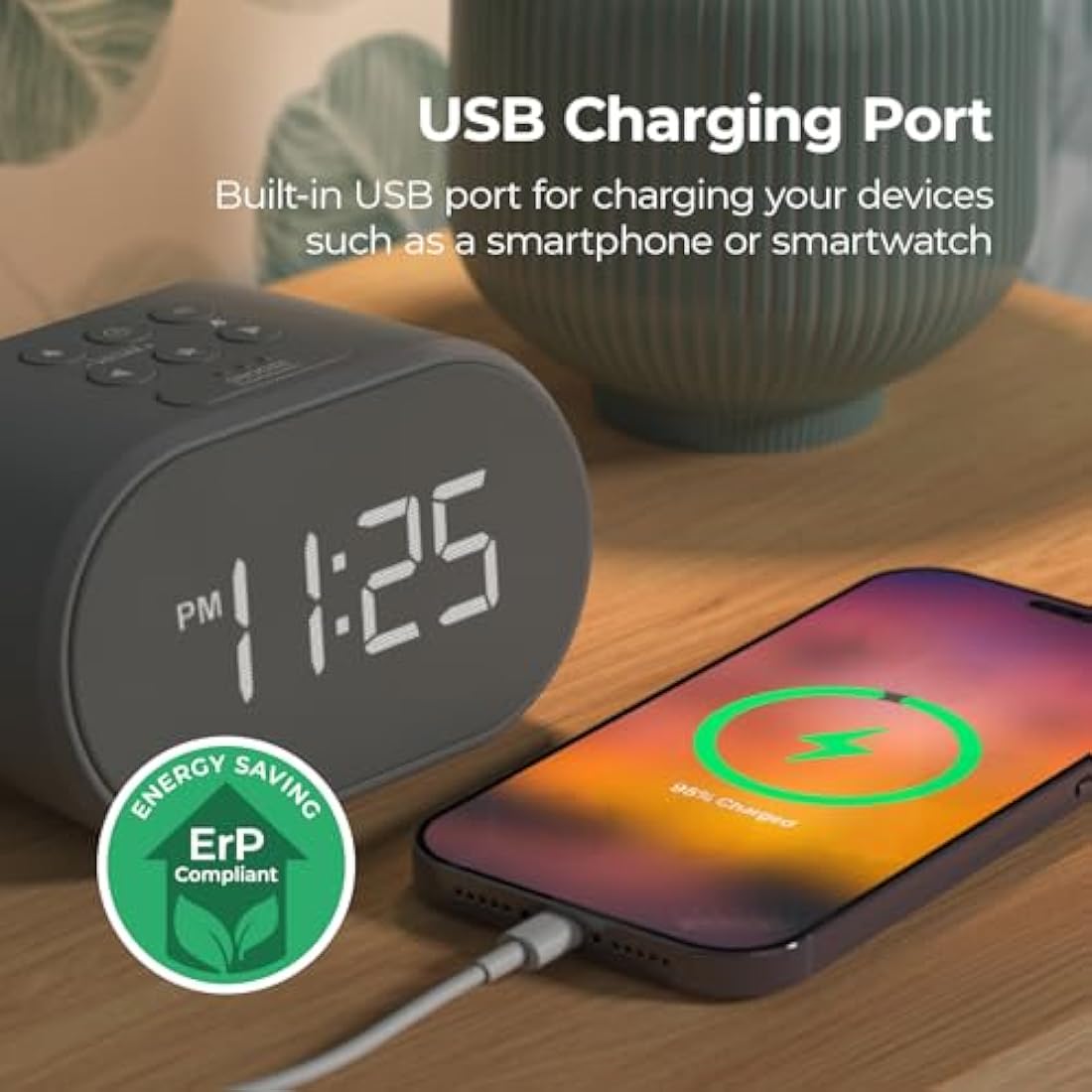 i-box Alarm Clocks Bedside, Radio Alarm Clock, Mains Powered or Battery, FM Radio, USB Charging Port, 5 Step Dimmable Display, Non Ticking, LED Display (Grey)