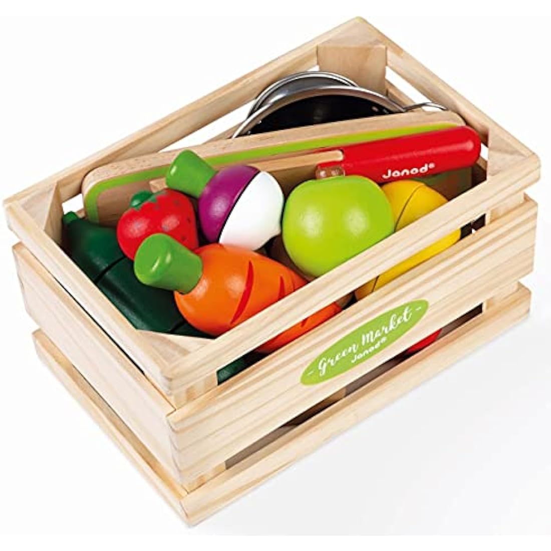 Janod - Green Market Fruits and Vegetable Maxi Set - Market Crate with 9 Velcro Fruits and Vegetables to Cut - Wooden Board and Knife - Metal Colander - from 3 Years Old, J06607
