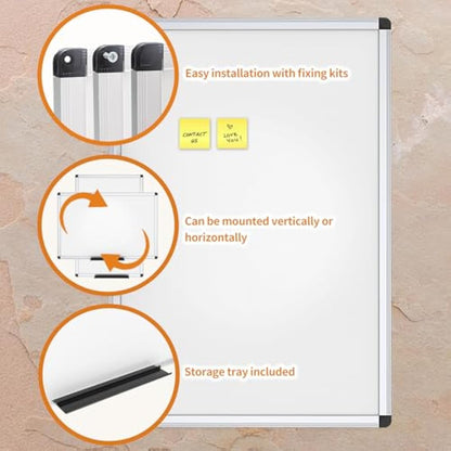 VIZ-PRO Magnetic Whiteboard Silver Aluminium Frame, W90xH60CM