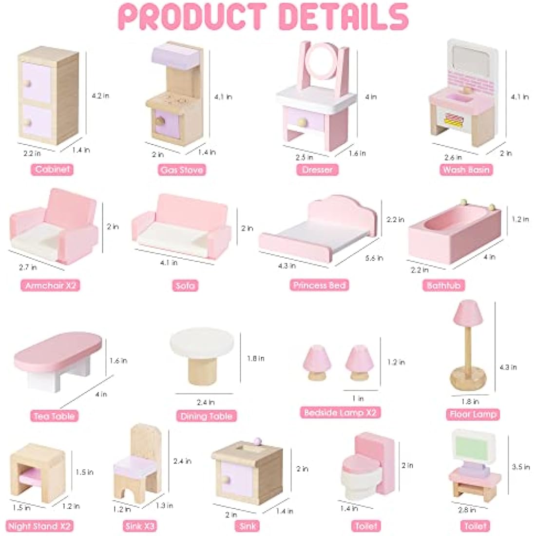 Lawcephun Wooden Dollhouse Furniture Set, 5 Room Kit 22 Piece Miniature Wood Accessories, Including Kitchen, Dining Room, Living Bedroom, Bathroom Playhouse Family Figures Play Toy, Pink (WT06)