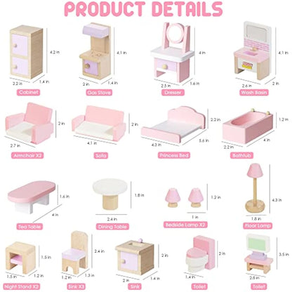 Lawcephun Wooden Dollhouse Furniture Set, 5 Room Kit 22 Piece Miniature Wood Accessories, Including Kitchen, Dining Room, Living Bedroom, Bathroom Playhouse Family Figures Play Toy, Pink (WT06)