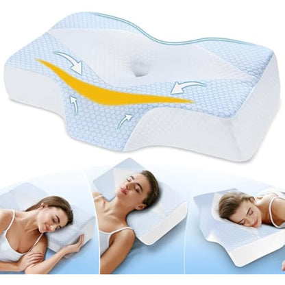 Memory Foam Neck Support Pillow for Neck and Shoulder Pain Sleeping with Cooling Pillowcase: Ergonomic Cervical Pillow 5X Pain Relief - Contour Bed Bolster Pillows for Side Back Stomach Sleepers