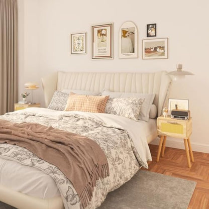 YMYNY Nightstand Set of 2, End Table, Small Bedside Table, Handmade Rattan Decorated Drawer, Solid Wood Legs, 35×27×53cm, Modern Side Table for Bedroom, Living Room, Natural HST010N-2