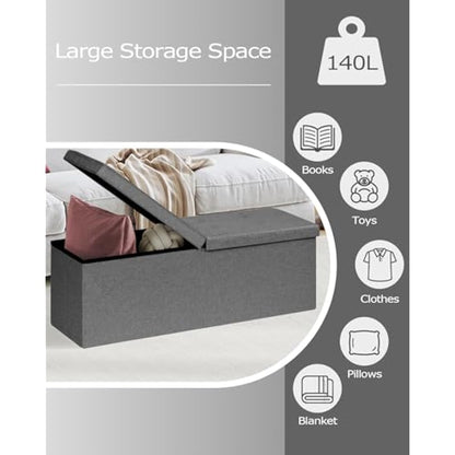Bonlife Extra Large Folding Ottoman Storage Box,Linen Toy Storage Chest,Window Seat with Storage Trunk,End of Bed Bench,Grey 110x38x38cm