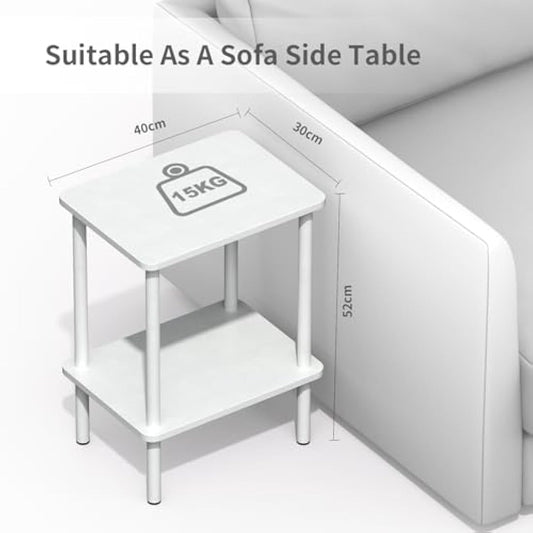 APICIZON 2 Tier Side Table, Narrow End Table with Storage Shelf, Bedside Table Nightstand for Small Spaces, Bedroom, Living Room, Entryway, Farmhouse, No-Tool Assembly, White