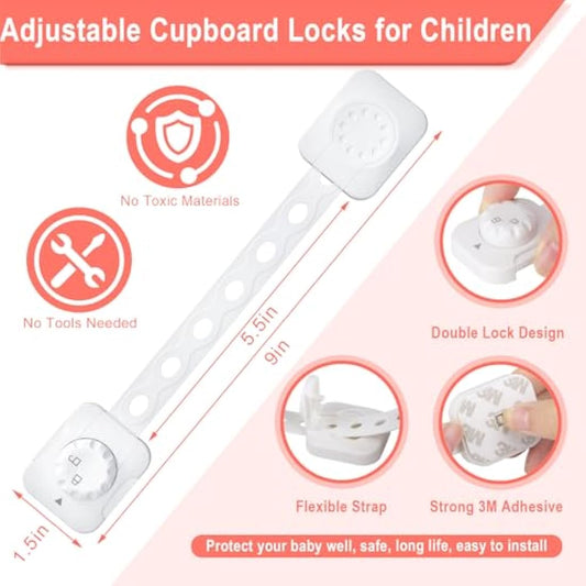 REDTRON Adjustable Cupboard Locks for Children, 6 Pack Baby Safety Drawer Latch, Child Locks for Cabinets, Drawer, Closet, Fridge, Refrigerator, Trash, with Upgraded Adhesive Double Lock System(White)
