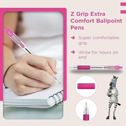 Zebra Pen Z Grip Pink Pens Ballpoint, Smooth & Comfortable Pens with Pocket Clip, Retractable Ballpoint Pens with Pink Ink, Reliable Biro Pens Multipack for Everyday Use - Medium Point, 12pk