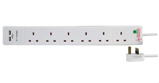 Pro Elec PEL00112 6 Way 2 USB Surge Protected Extension Lead, 1 m, White