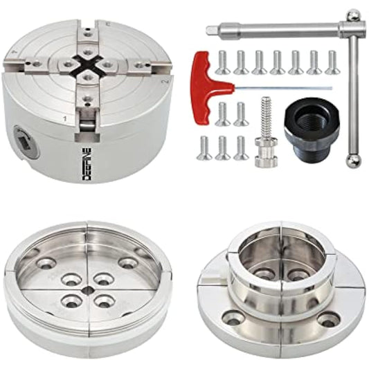 DEEFIINE 4 Inch Wood Lathe Chuck Set 1" x 8 tpi Thread & 3/4" x16TPI Adapter, Nickel Plated Self Centering 4 Jaw Wood Turning Chuck Set (2PCS Jaws)