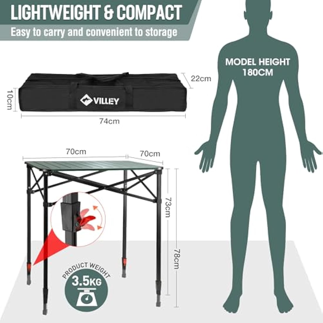 VILLEY Camping Table Folding, Lightweight Roll Up Aluminum Camp Table with Carry Bag, Adjustable Height Portable Outdoor Table for Picnic, Beach, Hiking, Fishing, Large