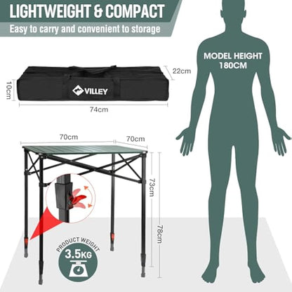 VILLEY Camping Table Folding, Lightweight Roll Up Aluminum Camp Table with Carry Bag, Adjustable Height Portable Outdoor Table for Picnic, Beach, Hiking, Fishing, Large