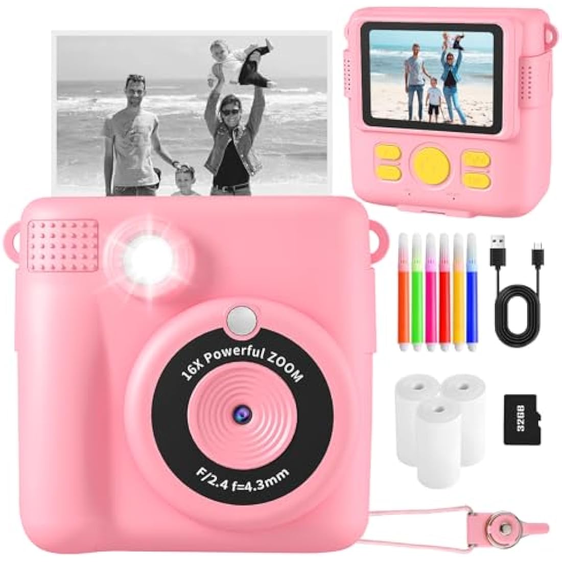 Kids Instant Print Camera, 1080P HD Digital Camera with 32G TF Card & Color Pen, Portable Toy Birthday Gift for 3-10 Year Old Girls
